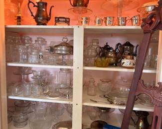 Packed Shelves Silver Plate Tea Pots Coffee Pots Chafing Dishes Glass Jars Vintage Silverplate Metalware Collection