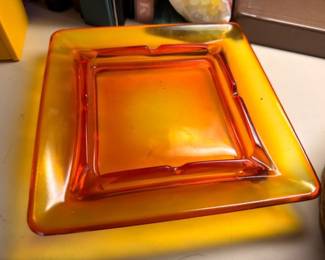 Vintage Amber Orange Glass Ashtrays Square Art Glass Mid Century Modern Collectible