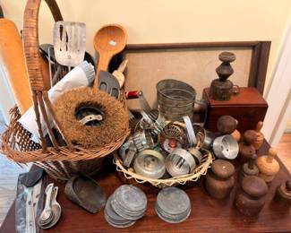 Primitive Kitchen Items Wicker Basket Wooden Spoons Utensils Pewter Tin Ware Wood Salt Pepper Mills Vintage Farmhouse