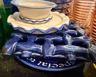 Blue Ceramic Chip Dip Serving Tray White Bowl Pink Depression Glass Tumblers Vintage Kitchen Entertaining