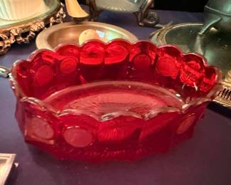 Cranberry Red Art Glass Bowl Scalloped Ruffled Edge Silver Plate Tray Victorian Glassware Antique Centerpiece Collectible