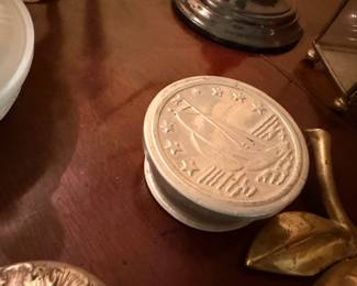 Antique Embossed Metal Tin American Flag Sailing Ship Stars Patriotic Americana Collectible Vintage Container Trinket Box