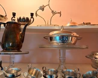 Silver Plate Covered Dish Pedestal Base Copper Coffee Pot Brass Candelabra Bowls Vintage Metalware Collection