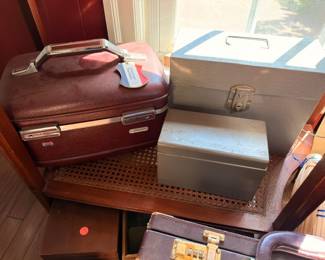 Vintage Luggage Suitcases Brown Leather Metal Storage Box Travel Cases Retro Mid Century Lot