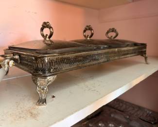 Silver Plate Chafing Dish Covered Buffet Server Ornate Handles Claw Feet Vintage Entertaining Serving