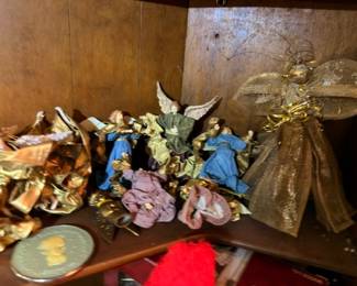 Angel Nativity Figurines Collection Gold Angel Blue Robed Figure Religious Holiday Christmas Display Shelf Decorations Collectible Lot