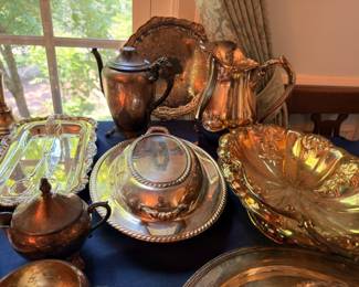 Silver Plate Tea Service Coffee Pot Creamer Serving Trays Bowls Vintage Silverplate Collection