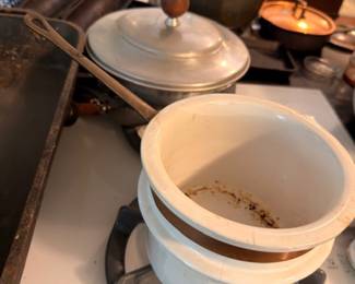 White Ceramic Mixing Bowls Stacked Aluminum Covered Pot Cast Iron Skillet Vintage Kitchen Cookware Lot