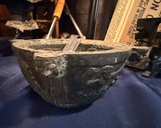 Antique Cast Iron Mortar Pestle Embossed Relief Decoration Heavy Apothecary Pharmacy Kitchen Tool Primitive Collectible