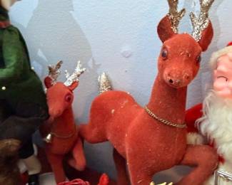 Vintage Flocked Reindeer Figures Gold Glitter Antlers Bells Mid Century Christmas Decorations Holiday Display Collectible Lot