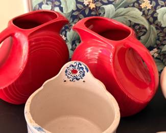 Red Ceramic Disc Ball Pitchers Vintage Mid Century Pottery Kitchen Collectible Fiesta Style Lot