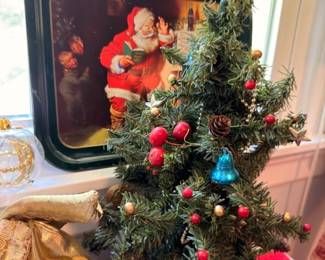 Tabletop Christmas Tree Red Blue Ornaments Santa Figure Vintage Coca Cola Metal Tray Holiday Display Decorations Collectible