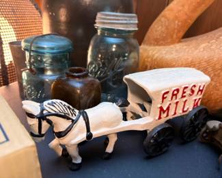 Cast Iron Horse Drawn Fresh Milk Wagon Toy White Horse Antique Toy Collectible Blue Glass Mason Jars Stoneware Crock