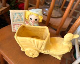 Vintage Yellow Ceramic Girl Planter Wheelbarrow Cart Figurine Pottery Mid Century Kitsch Nursery Decor Collectible