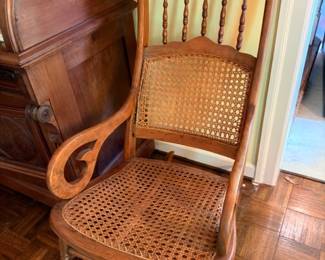 Antique Wood Rocking Chair Cane Seat Spindle Back Turned Details Victorian Parlor Rocker Vintage Furniture Collectible