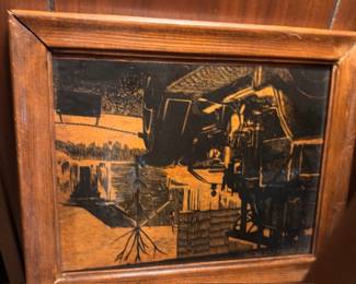 Framed Woodblock Print Rural Industrial Scene Buildings Wood Frame Signed Mid Century Modern Art Vintage Original Print Collectible