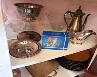 Silver Plate Coffee Pot Gravy Boat Pedestal Bowl Plates Reference Book Vintage Silverplate Shelf Collection