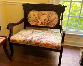 Antique Victorian Settee Love Seat Carved Dark Wood Frame Floral Rose Upholstery Parlor Bench Vintage 1800s Seating Furniture Estate