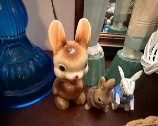 Ceramic Bunny Rabbit Figurines Easter Decor Blue Glass Vase Vintage Spring Collectibles Lot