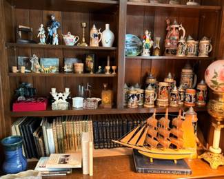 German Beer Steins Model Ship Porcelain Figurines Candlesticks Bookcase Collectibles Display Vintage