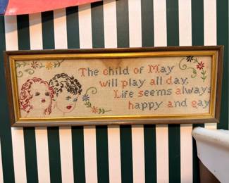 Vintage Cross Stitch Sampler Framed Child of May Poem Needlework Embroidery Gold Frame Wall Art Nursery Decor