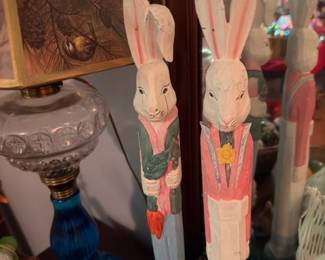 Tall Carved Wood Easter Bunny Rabbit Figurines Folk Art Painted Spring Decor Pair