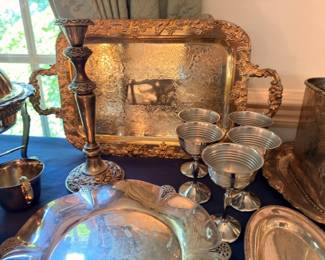 Silver Plate Ornate Framed Tray Goblets Candlestick Holder Copper Vessel Vintage Silverplate Lot