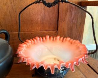 Victorian Art Glass Brides Basket Ruffled Pink Peach Cased Glass Bowl Ornate Metal Stand Heart Handle Antique Centerpiece Collectible