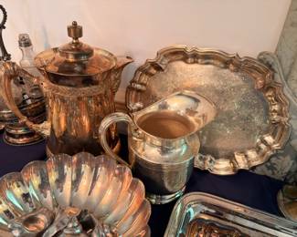 Silver Plate Water Pitcher Ornate Tray Scalloped Bowl Crystal Cruet Vintage Silverplate Serving