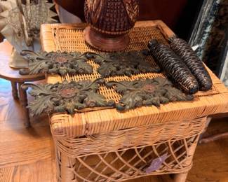 Wicker Side Table Turned Wood Vase Pine Cone Collection Natural Decor Vintage Rattan Furniture