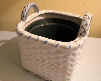 White Ceramic Basketweave Planter Blue Trim Handle Vintage Pottery Cache Pot Flower Pot Collectible