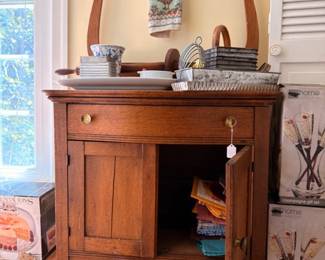 Antique Oak Washstand Side Table Drawer Brass Knob Rooster Decor Wrought Iron Rack Country Kitchen Furniture