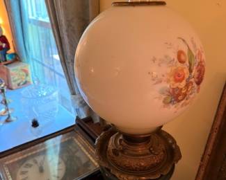 Victorian GWTW Parlor Lamp Painted Floral Globe Shade Brass Base Glass Chimney Antique Gone With The Wind Oil Lamp Electrified Lighting