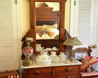 Antique Victorian Eastlake Dresser Mirror Marble Top Carved Crown Walnut Bedroom Furniture Brass Oil Lamp Collectibles Vintage 1800s Estate Furniture