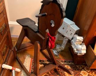 Vintage Wood Rocking Horse Toy Robot Figure Red Oriental Area Rug Childrens Room Retro Toys Collectible