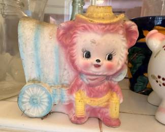 Vintage Ceramic Bear Planter Pink Teddy Bear Straw Hat Cart Wheel Mid Century Baby Nursery Pottery Figurine Kitsch Collectible