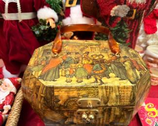 Vintage Decoupage Wood Box Purse European Village Scene Hummel Style Illustration Brass Handle Handbag Collectible