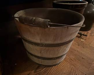 Antique Wood Bucket Pail Metal Bands Bail Handle Primitive Country Farmhouse Decor Wooden Well Bucket Collectible