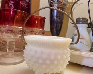 Fenton Hobnail Milk Glass Ruffled Bowl Ruby Red Glassware Silver Plate Pierced Basket Vintage Collection
