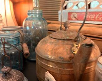 Copper Kettle Blue Glass Jars Cast Iron Pieces Coca Cola Sign Antique Primitive Country Store Display Collectibles