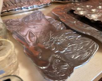 Aluminum Serving Trays Close Up Embossed Floral Fruit Pattern Silver Tone Platters Vintage Entertaining