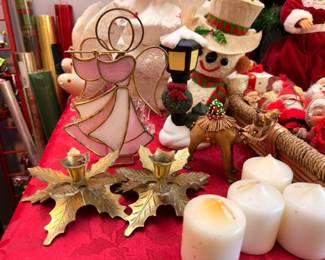 Stained Glass Angel Figure Brass Holly Leaf Candle Holders Brass Reindeer Figurine White Pillar Candles Christmas Decor Collectible