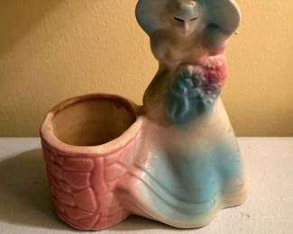 Vintage Ceramic Girl Figurine Planter Blue Hat Pink Flowers Mid Century Pottery Vase Collectible