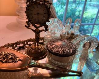 Ornate Bronze Brass Mantel Clock Decorative Scrollwork Crystal Silver Items Antique Timepiece