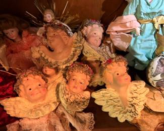 Cherub Angel Head Figurines Collection Ornamental Wings Lace Gold Accents Various Styles Sizes Holiday Decor Wall Display Collectible Lot
