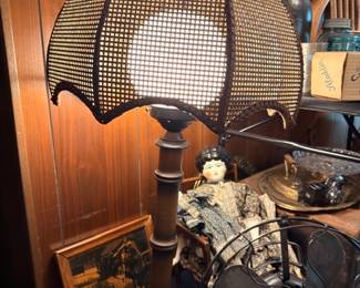 Wicker Rattan Dome Shade Table Lamp Porcelain Doll Wood Horse Figurine Vintage Lighting Decor Collection