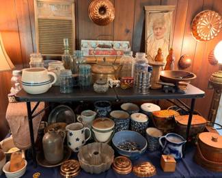 Vintage Stoneware Pottery Crocks Enamelware Mason Jars Antique Kitchen Collectibles Table Display