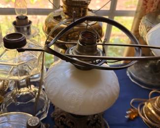 Antique Hanging Oil Lamp Chandelier White Glass Globe Shade Brass Frame Iron Bracket Silver Plate Collection Victorian Lighting Vintage Collectible