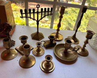 Brass Candlestick Collection Menorah Chamberstick Various Styles Vintage Brass Candle Holders Estate Lot