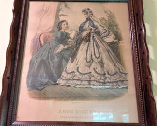 Framed La Mode Illustree French Fashion Plate Print Victorian Lady Elaborate Gown Dark Wood Frame Antique Fashion Illustration Collectible